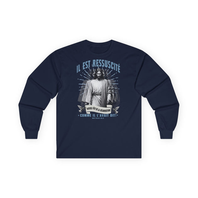 T-shirt bleu marine à manches longues avec une illustration religieuse et du texte en français.