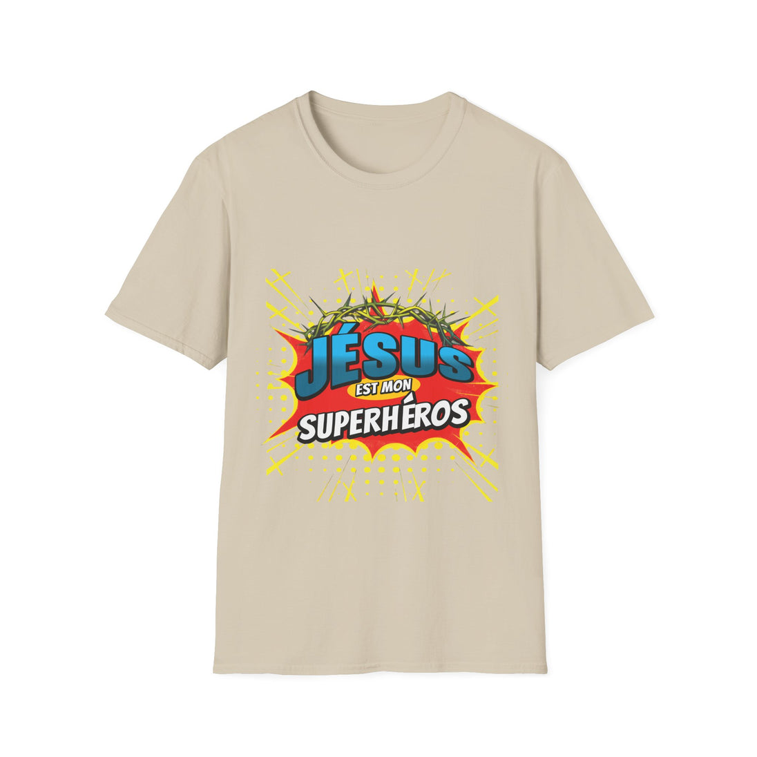 T-shirt beige pour homme avec une illustration style bande dessinée Jésus est mon superhéros.