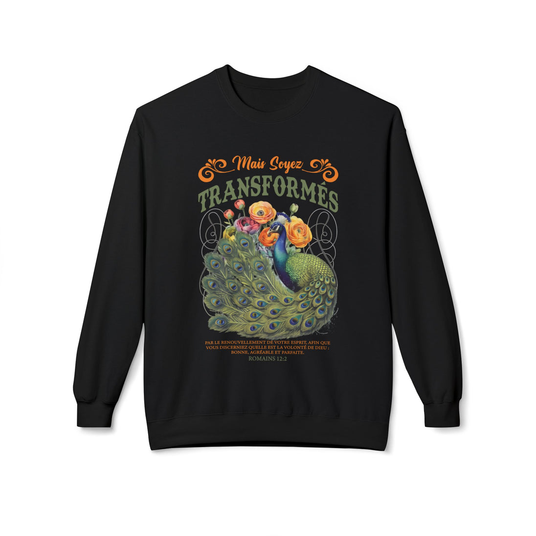 Sweat-shirt noir pour femme avec un motif de paon et le texte biblique Romains 12:2.