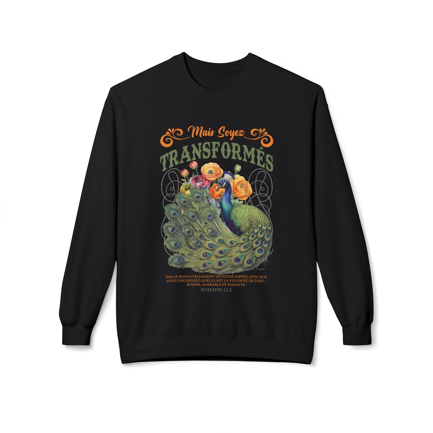 Sweat-shirt noir pour femme avec un motif de paon et le texte biblique Romains 12:2.