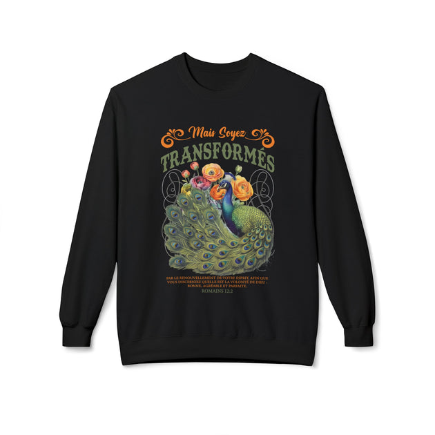 Sweat-shirt noir pour femme avec un motif de paon et le texte biblique Romains 12:2.