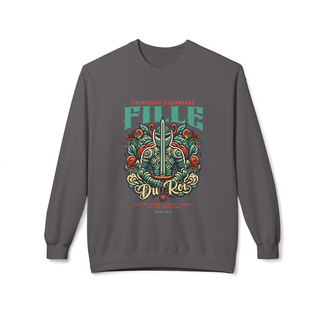 Sweat-shirt gris foncé pour femme avec une illustration de chevalier et un texte religieux.