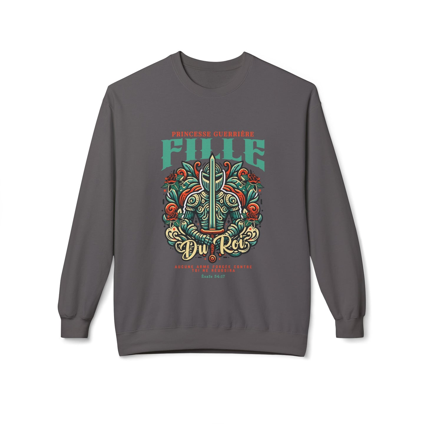 Sweat-shirt gris foncé pour femme avec une illustration de chevalier et un texte religieux.