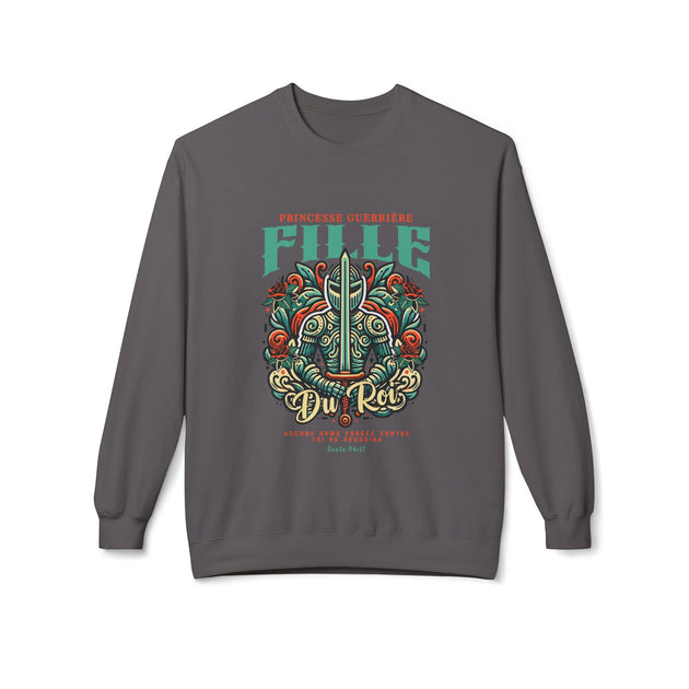 Sweat-shirt gris foncé pour femme avec une illustration de chevalier et un texte religieux.