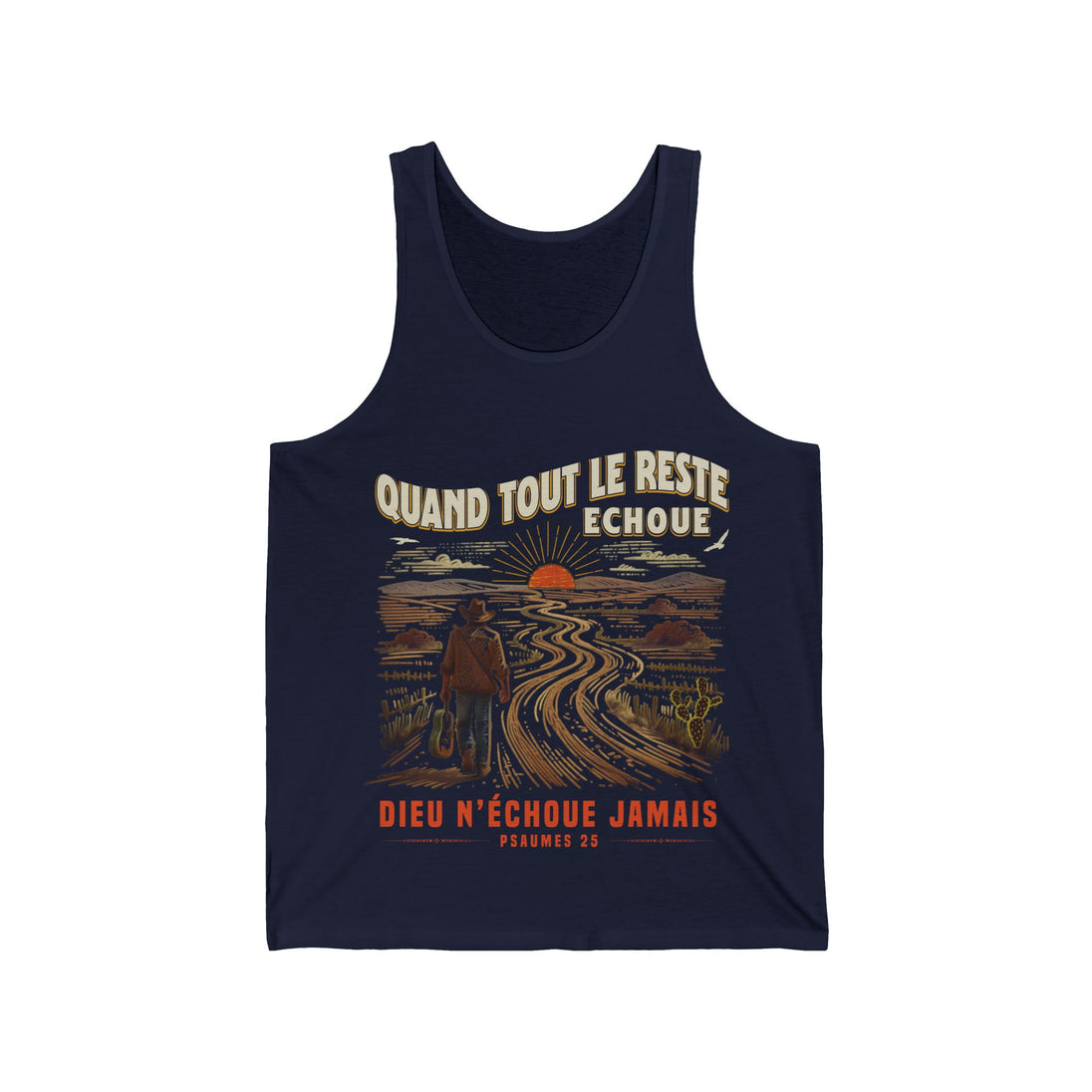 Débardeur bleu marine pour homme avec une illustration de cowboy et le texte Quand tout le reste échoue.