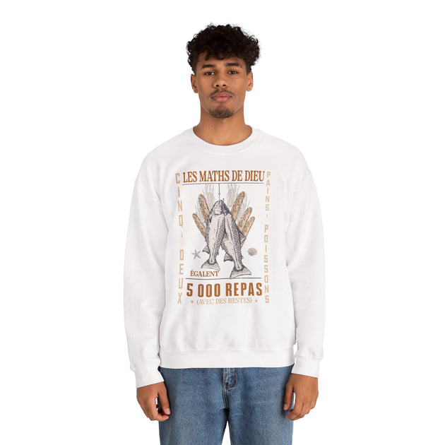 Sweat blanc Les Maths de Dieu avec illustration vintage de poissons et pains pour chrétiens.