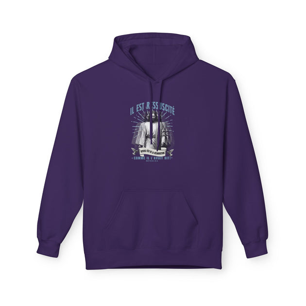 Sweat à capuche violet pour femme avec une illustration religieuse et le texte Il est ressuscité.