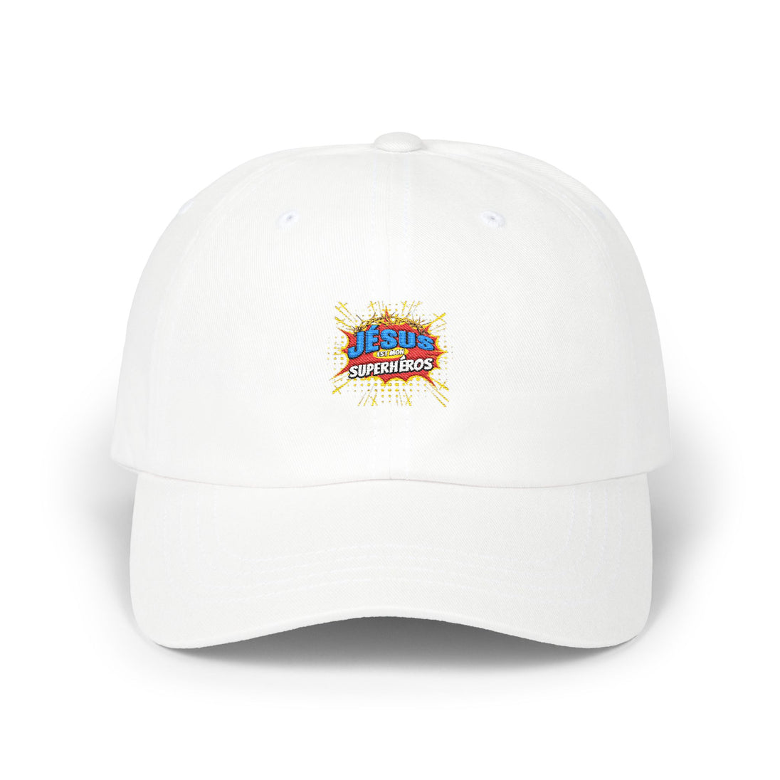 Casquette blanche en coton avec le logo coloré Jésus est mon superhéros brodé sur le devant.