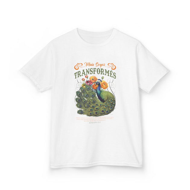 T-shirt blanc pour enfant avec une illustration de paon et le texte biblique Romains 12:2.