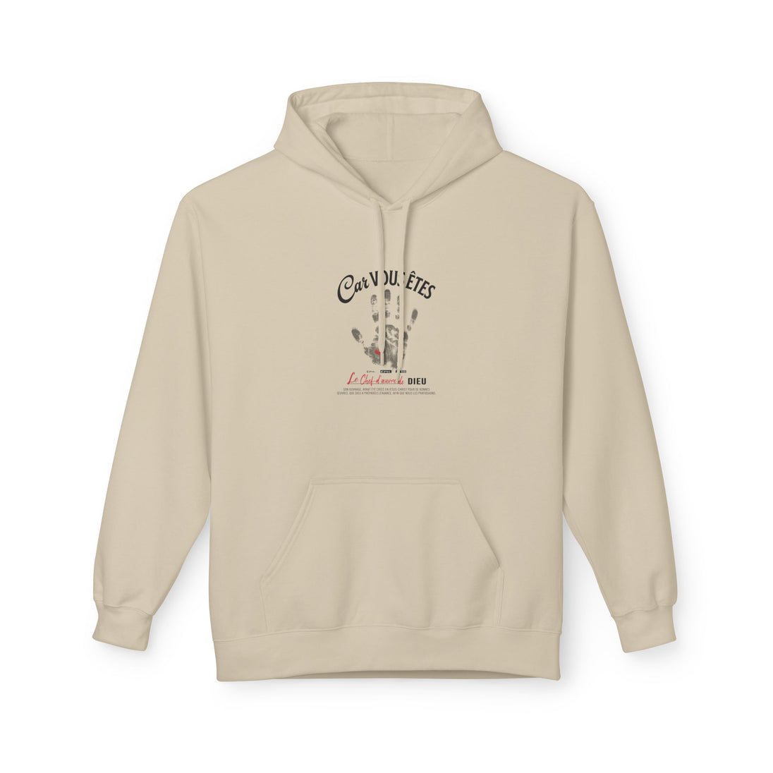 Sweat à capuche beige avec une empreinte de main et un texte religieux imprimés sur la poitrine.