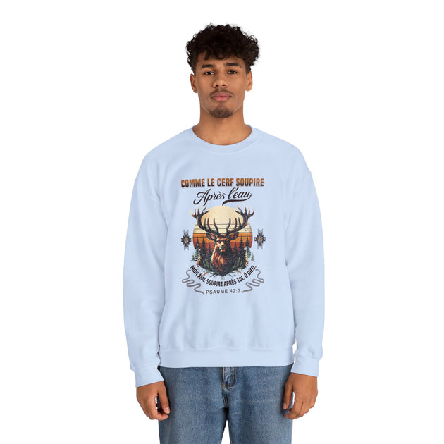 Sweatshirt bleu clair pour homme avec motif cerf et verset biblique Psaume 42:2 en français.
