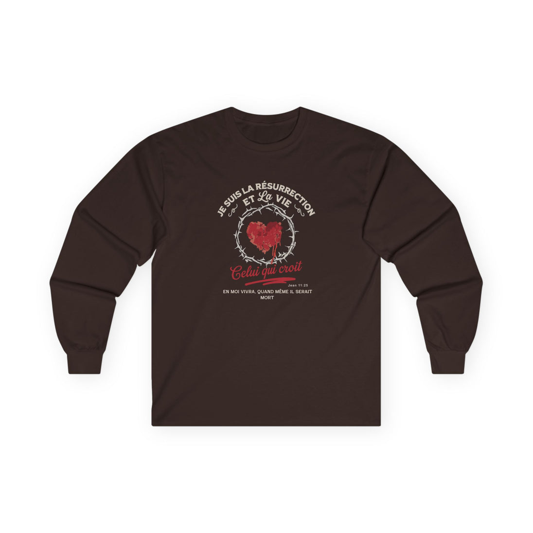 T-shirt à manches longues marron pour homme avec un motif de cœur entouré d'épines.