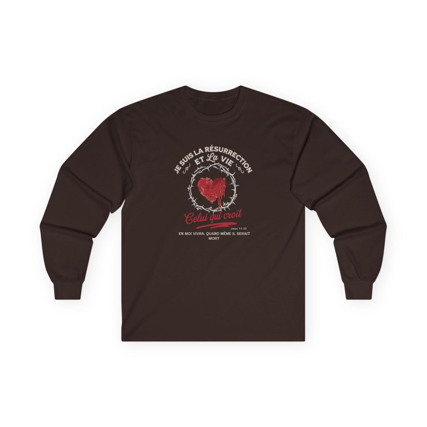 T-shirt à manches longues marron pour homme avec un motif de cœur entouré d'épines.
