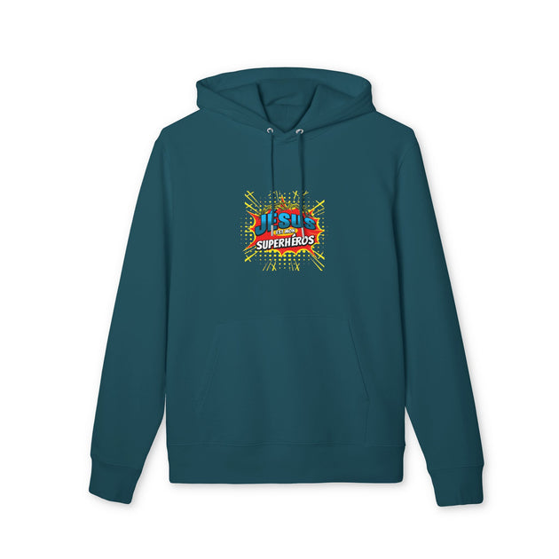 Sweat à capuche bleu pétrole avec le motif graphique Jésus est mon superhéros sur la poitrine.