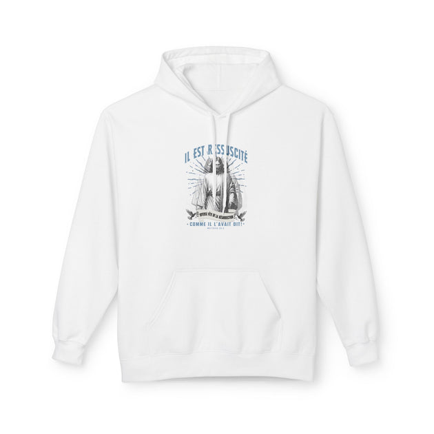 Sweat à capuche blanc pour femme avec une illustration religieuse et le texte Il est ressuscité.