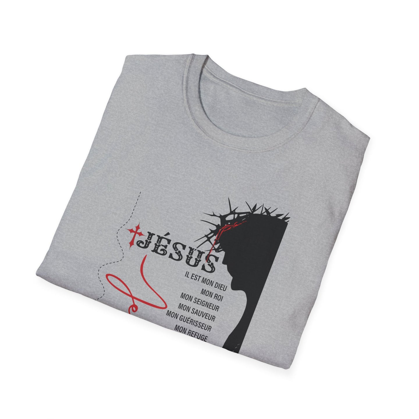 T-shirt gris pour femme avec une illustration de Jésus et des inscriptions religieuses en français.