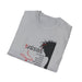 T-shirt gris pour femme avec une illustration de Jésus et des inscriptions religieuses en français.