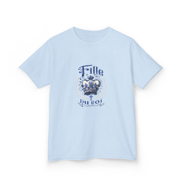 T-shirt bleu clair pour enfant avec couronne royale et texte chrétien Fille du Roi.