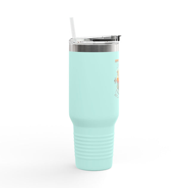 Gobelet de voyage bleu clair de 40 oz avec paille et motif imprimé sur le côté.