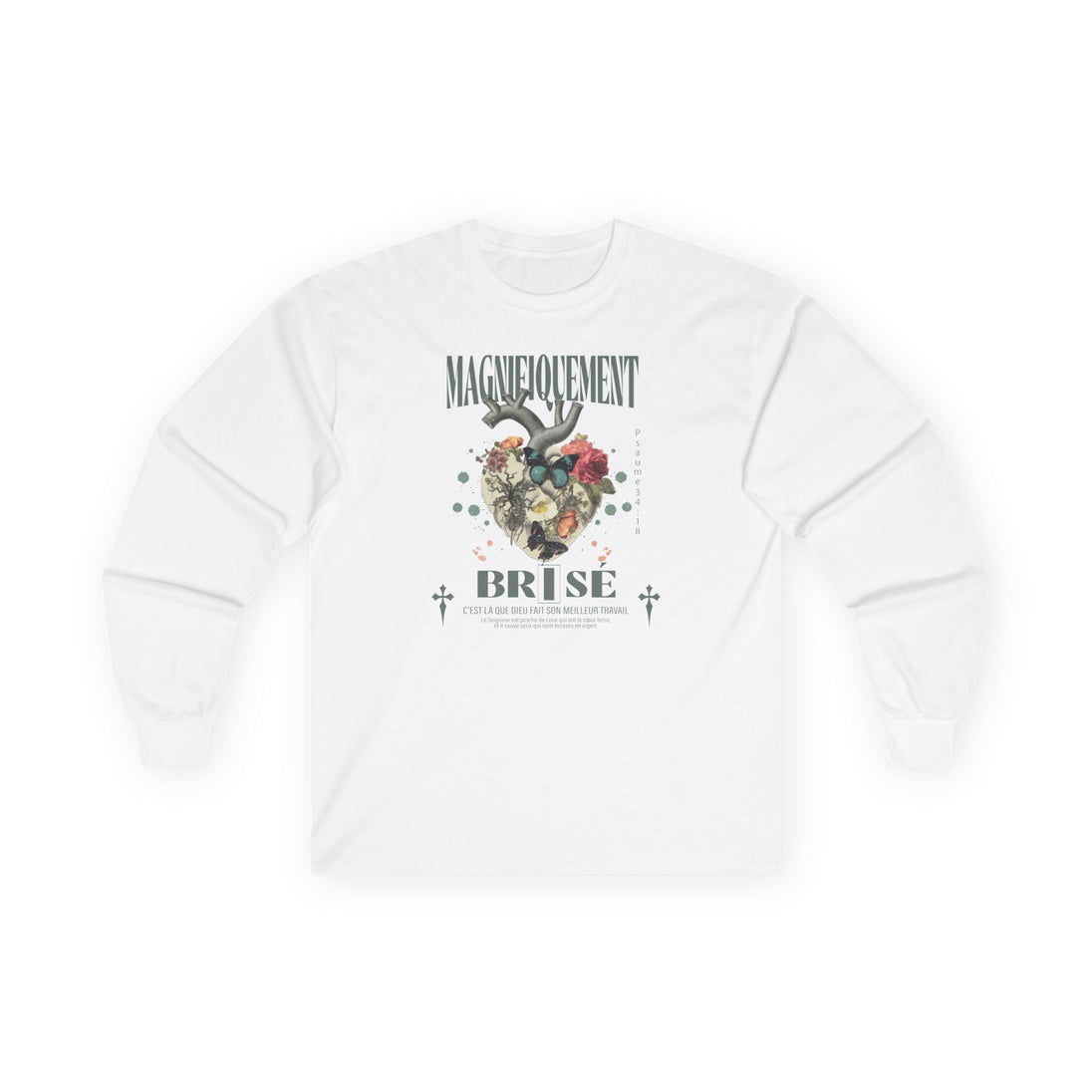 T-shirt blanc à manches longues avec un motif de cœur anatomique floral et des inscriptions.