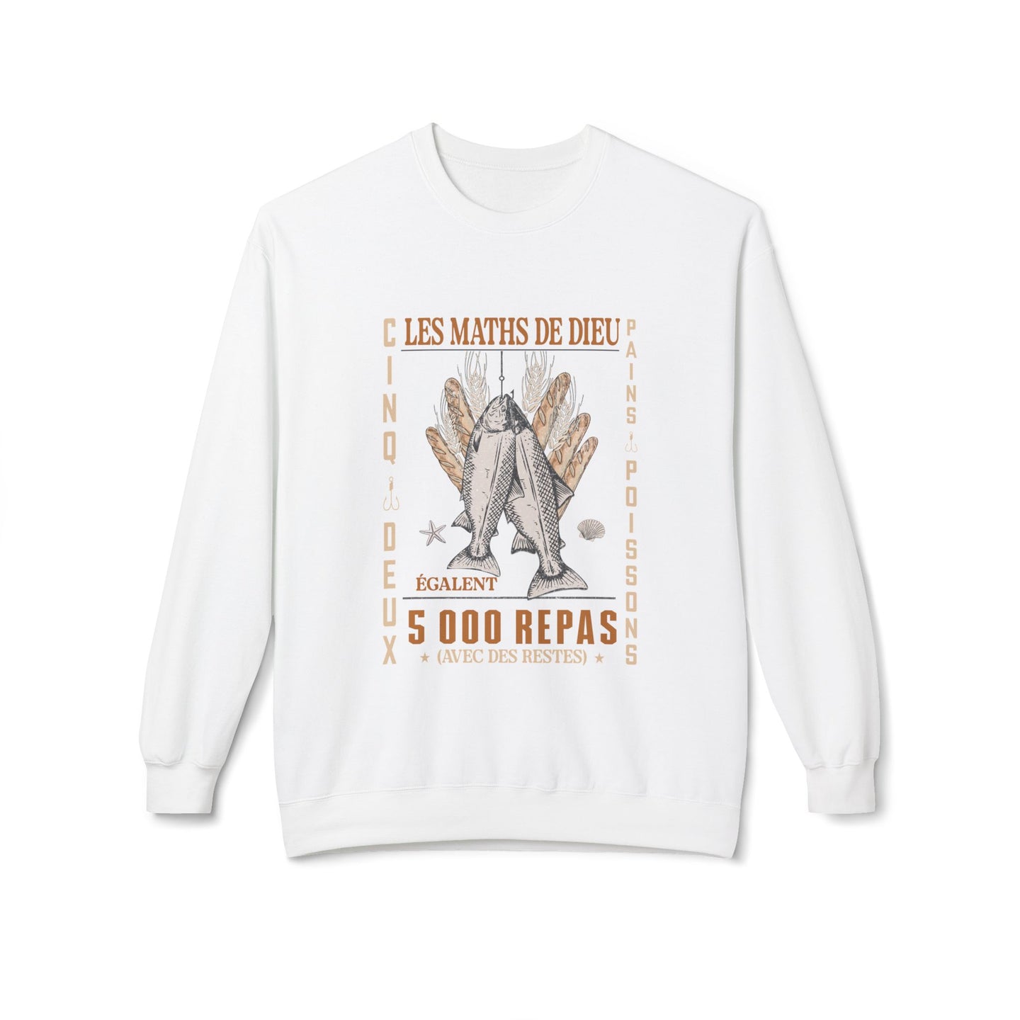 Sweatshirt blanc à col rond avec une illustration centrale sur le thème des pains et des poissons.