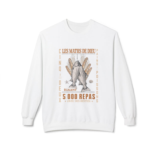Sweatshirt blanc à col rond avec une illustration centrale sur le thème des pains et des poissons.