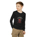 T-shirt noir manches longues enfant avec cœur, couronne d'épines et verset Jean 11:25 en français.