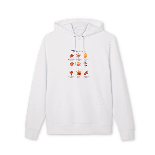 Sweat à capuche blanc avec un motif de feuilles et des inscriptions bibliques sur la poitrine.