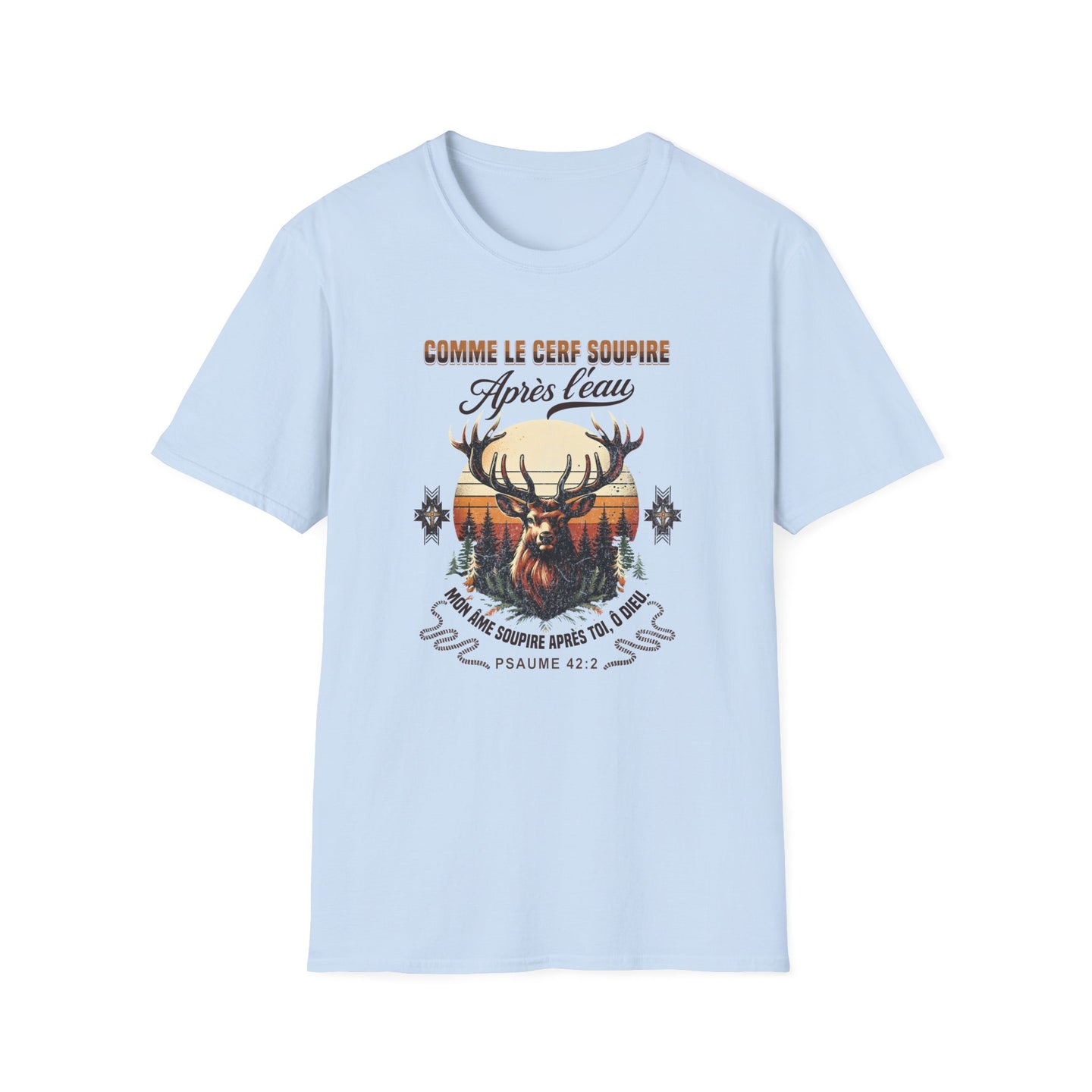 T-shirt bleu clair pour homme avec une illustration de cerf et le texte biblique Psaume 42:2.