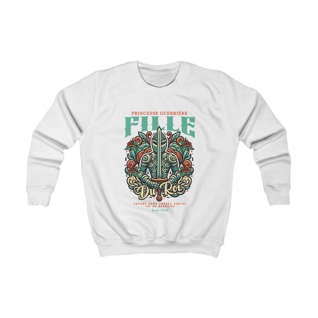 Sweat-shirt blanc pour enfant avec une illustration d'armure, d'épée et de fleurs.