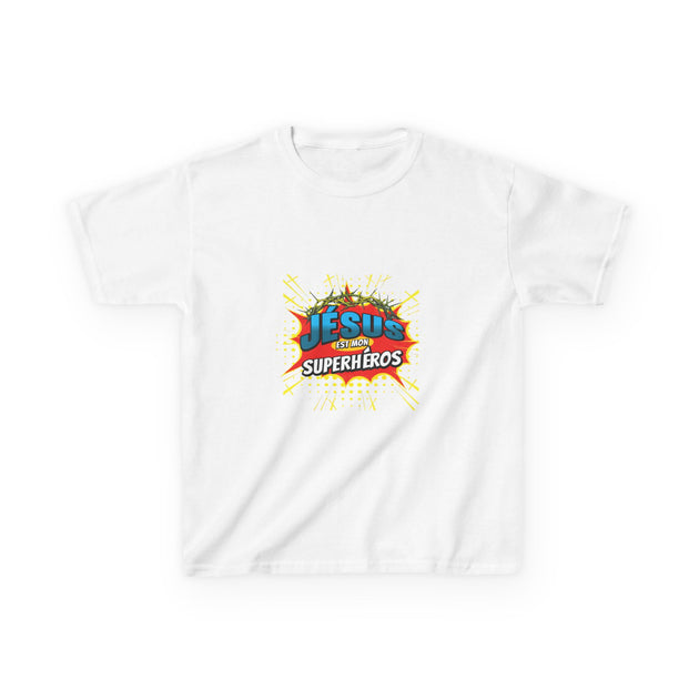 T-shirt blanc pour enfant avec une illustration colorée de couronne d'épines et texte religieux.