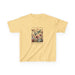 T-shirt jaune pour enfant avec une illustration florale et de papillons accompagnée d'un texte.