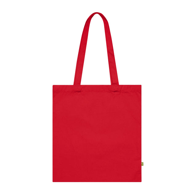 Un sac fourre-tout en coton biologique de couleur rouge avec de longues anses.
