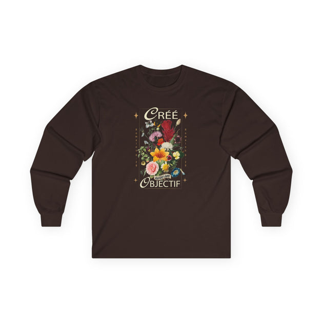 T-shirt marron à manches longues avec un motif floral et l'inscription Créé avec un objectif.