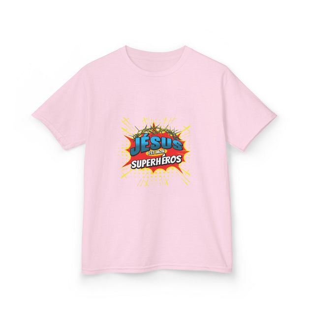 T-shirt rose pour enfant avec l'inscription Jésus est mon Superhéros et une couronne d'épines.
