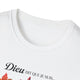 T-shirt blanc pour femme avec l'inscription Dieu dit que je suis imprimée sur le devant.