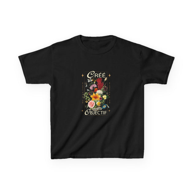 T-shirt noir pour enfant avec un imprimé floral central et l'inscription Créé avec un objectif.