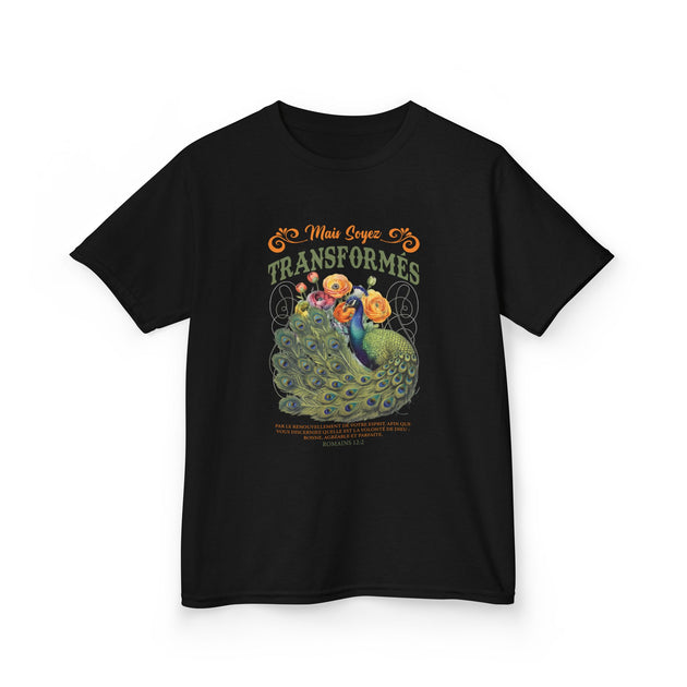 T-shirt noir pour enfant avec un paon, des fleurs et le texte biblique Romains 12:2.
