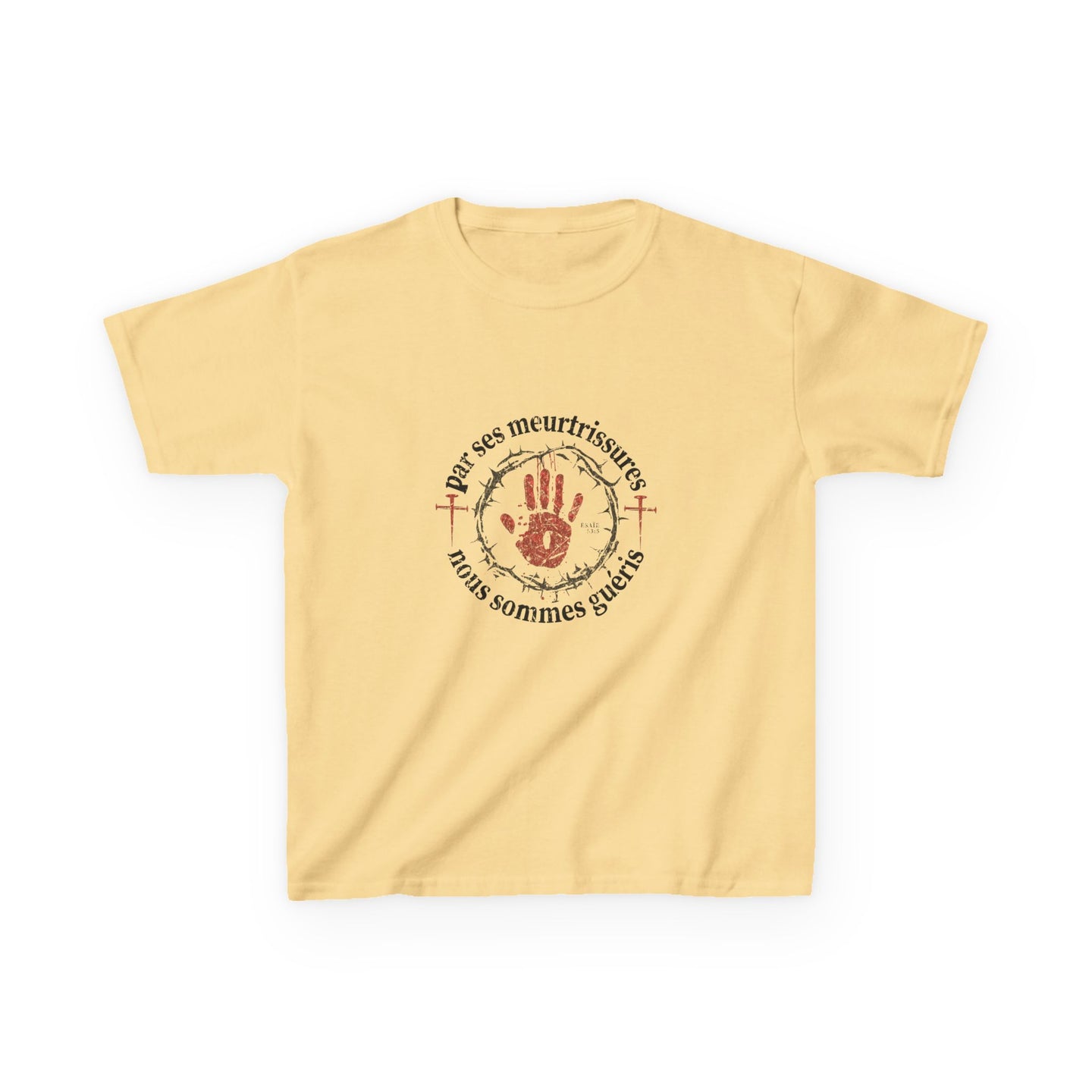 T-shirt jaune pour enfant avec une impression religieuse représentant une main et des épines.