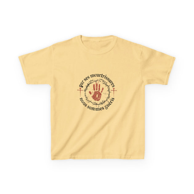 T-shirt jaune pour enfant avec une impression religieuse représentant une main et des épines.