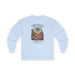T-shirt bleu clair à manches longues avec une illustration de désert et un texte biblique.