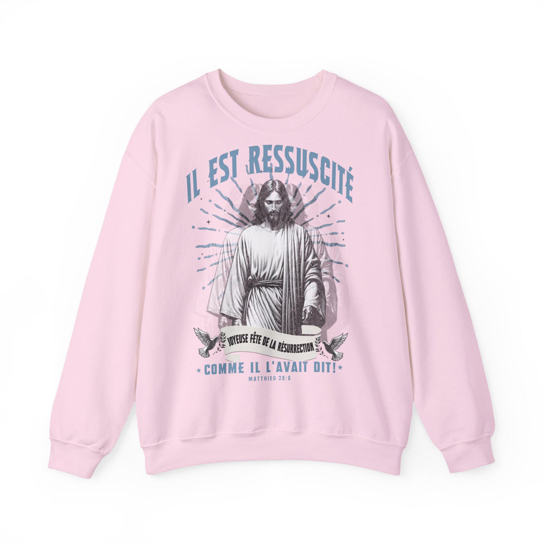 Sweat-shirt rose pâle pour homme avec une illustration religieuse et le texte Il est ressuscité.