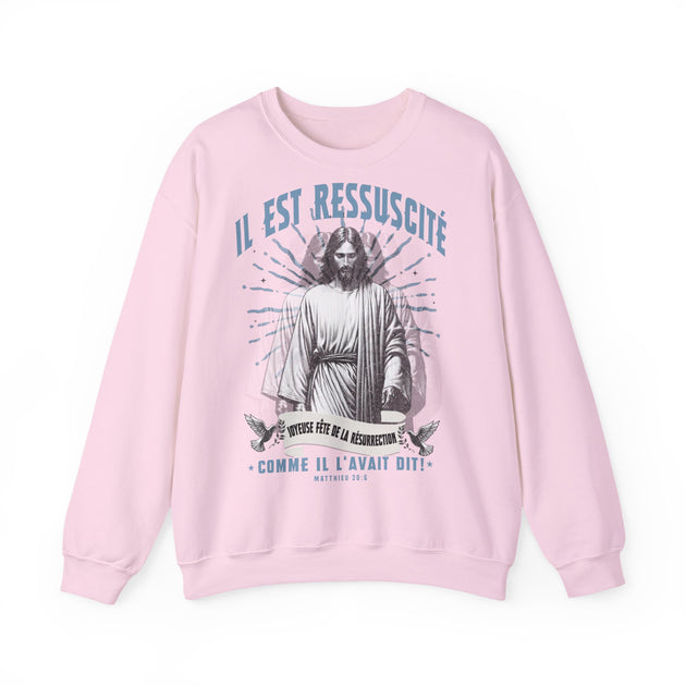 Sweat-shirt rose pâle pour homme avec une illustration religieuse et le texte Il est ressuscité.