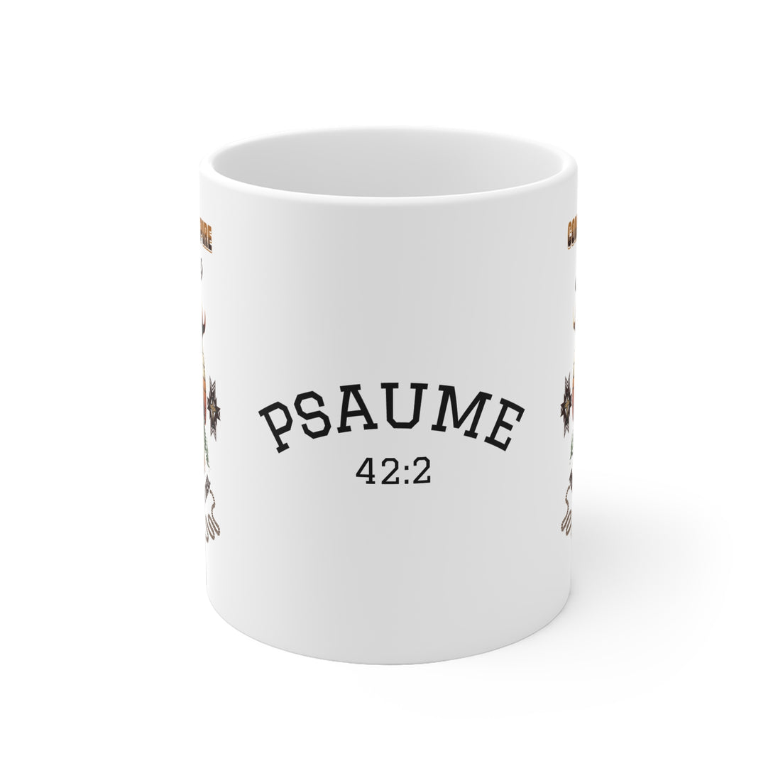 Mug blanc en céramique avec l'inscription Psaume 42:2 et un motif de cerf.