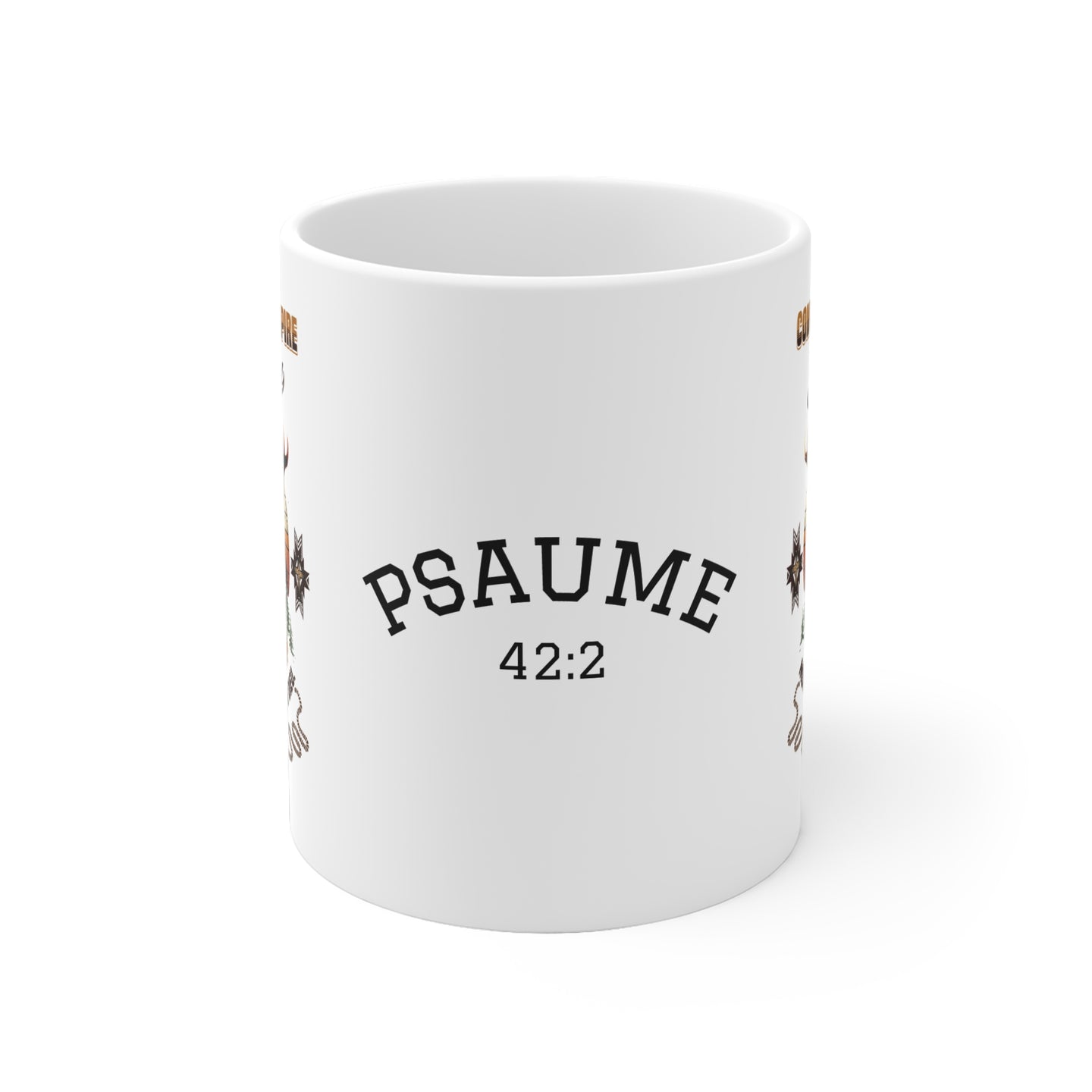 Mug blanc en céramique avec l'inscription Psaume 42:2 et un motif de cerf.