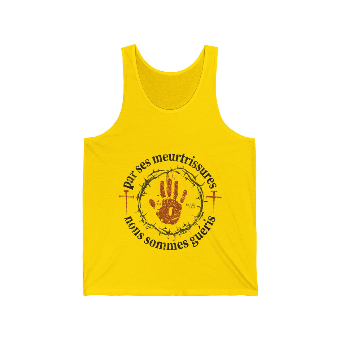 Débardeur jaune pour homme avec une impression religieuse centrée représentant une main marquée.