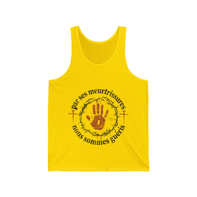 Débardeur jaune pour homme avec une impression religieuse centrée représentant une main marquée.
