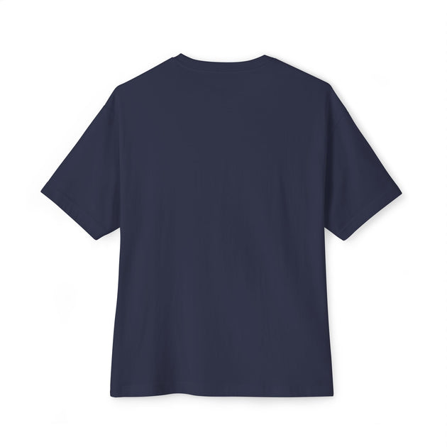 T-shirt oversize bleu marine à coupe décontractée avec épaules tombantes, vu de dos.