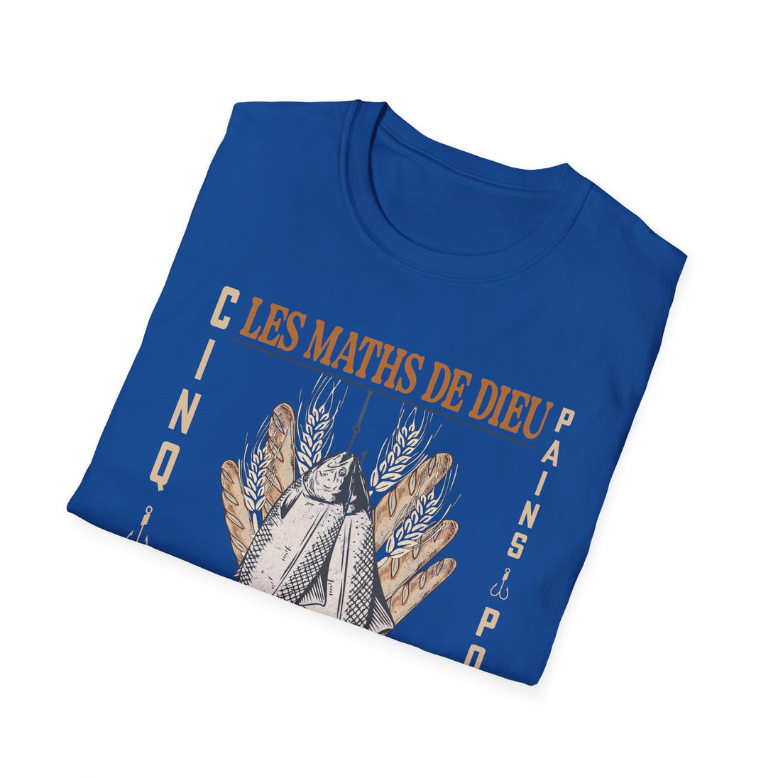 T-shirt bleu plié avec une illustration de poissons et de pains et le texte Les Maths de Dieu.
