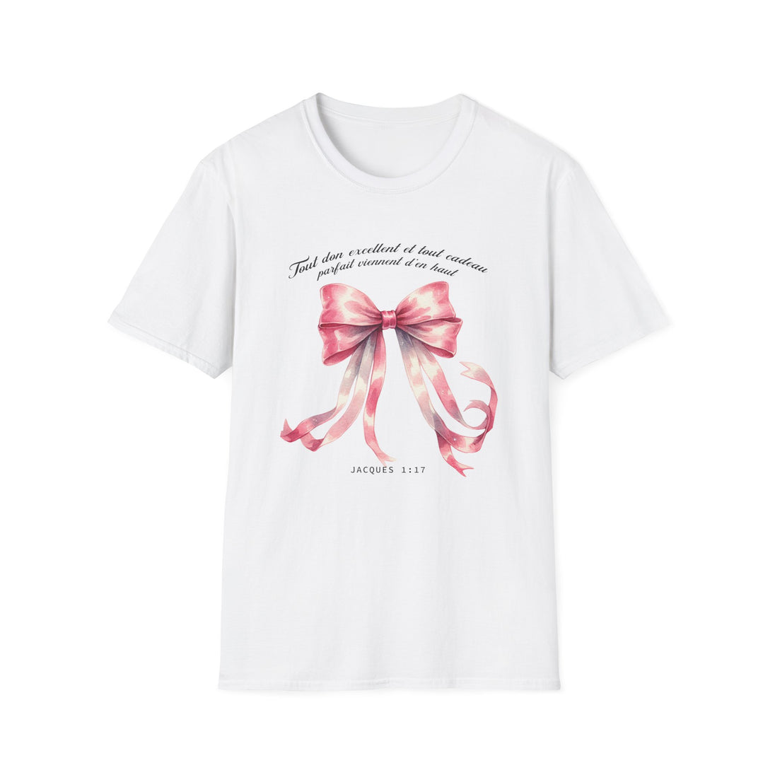 T-shirt blanc pour femme orné d'un nœud rose aquarelle et du verset biblique Jacques 1:17.